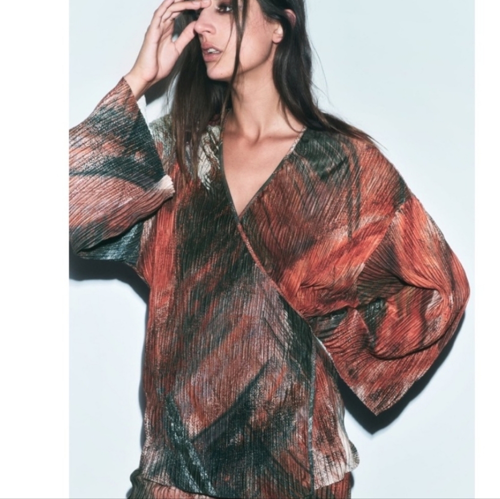 Zara Pleated Abstract Wrap Kimono Top Size S
